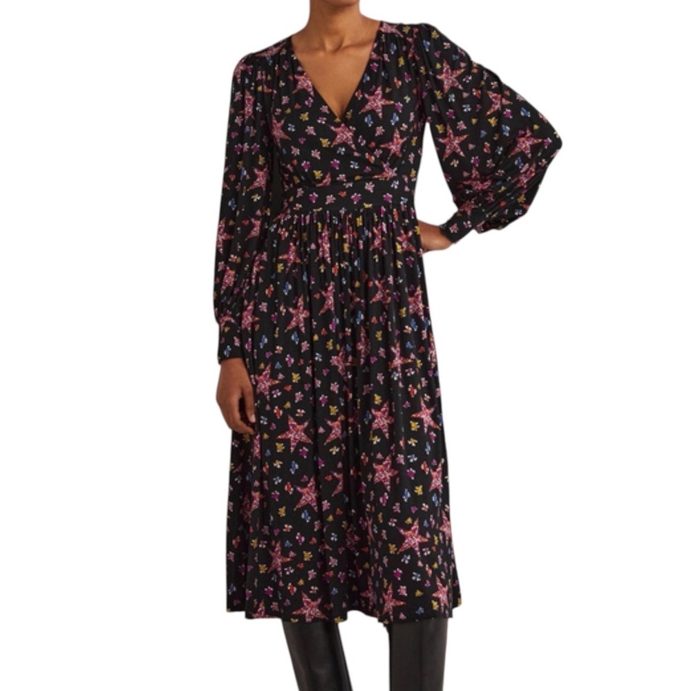 Boden Black Star Floral Print Faux Wrap V-Neck Midi Dress Long Sleeve US 6P